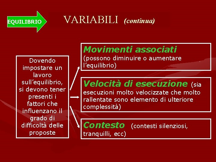 EQUILIBRIO VARIABILI (continua) Movimenti associati Dovendo impostare un lavoro sull’equilibrio, si devono tener presenti