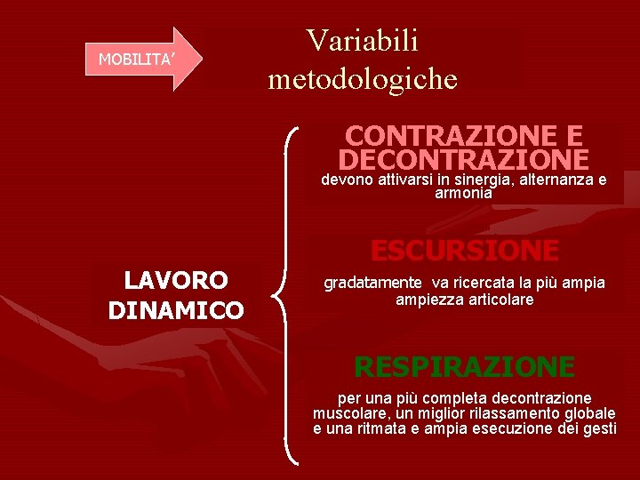 MOBILITA’ Variabili metodologiche CONTRAZIONE E DECONTRAZIONE devono attivarsi in sinergia, alternanza e armonia LAVORO