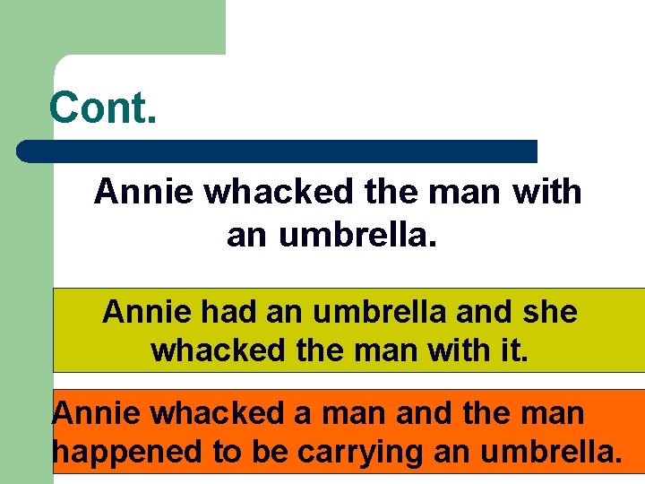 Cont. Annie whacked the man with an umbrella. Annie had an umbrella and she