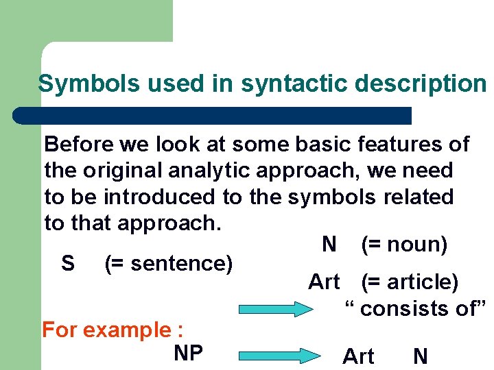 Symbols used in syntactic description Before we look at some basic features of the