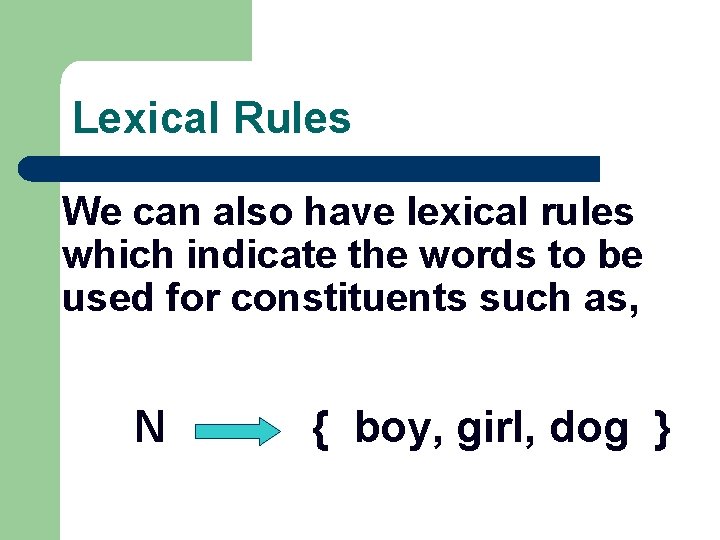 Lexical Rules We can also have lexical rules which indicate the words to be