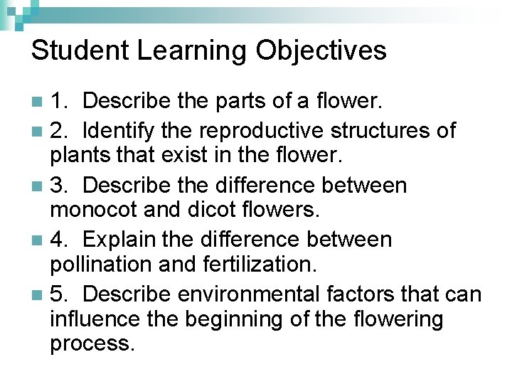 Student Learning Objectives 1. Describe the parts of a flower. n 2. Identify the