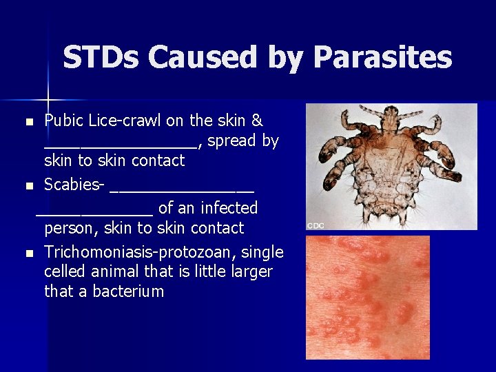 STDs Caused by Parasites Pubic Lice-crawl on the skin & _________, spread by skin
