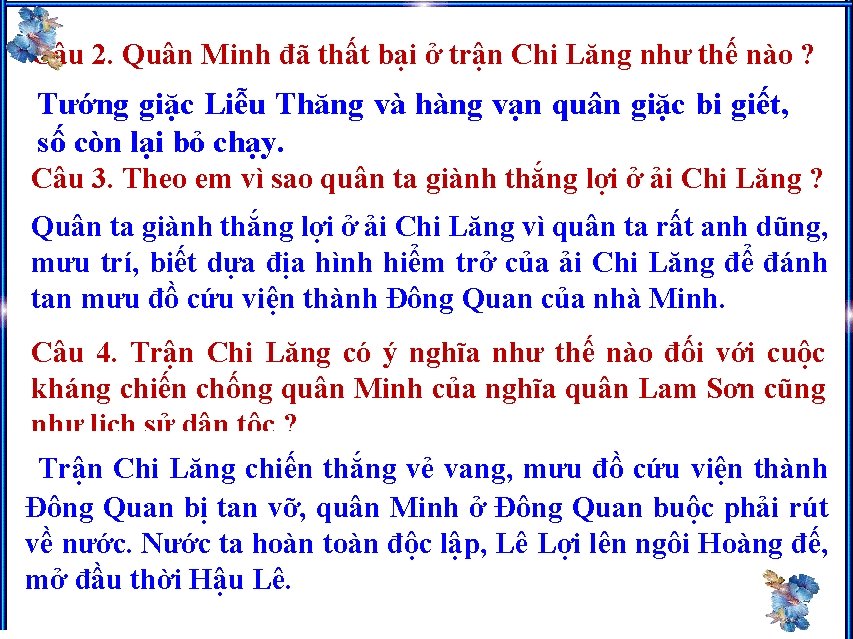 Câu 2. Quân Minh đã thất bại ở trận Chi Lăng như thế nào