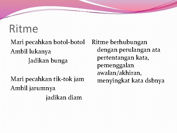 Ritme Mari pecahkan botol-botol Ambil lukanya Jadikan bunga Mari pecahkan tik-tok jam Ambil jarumnya