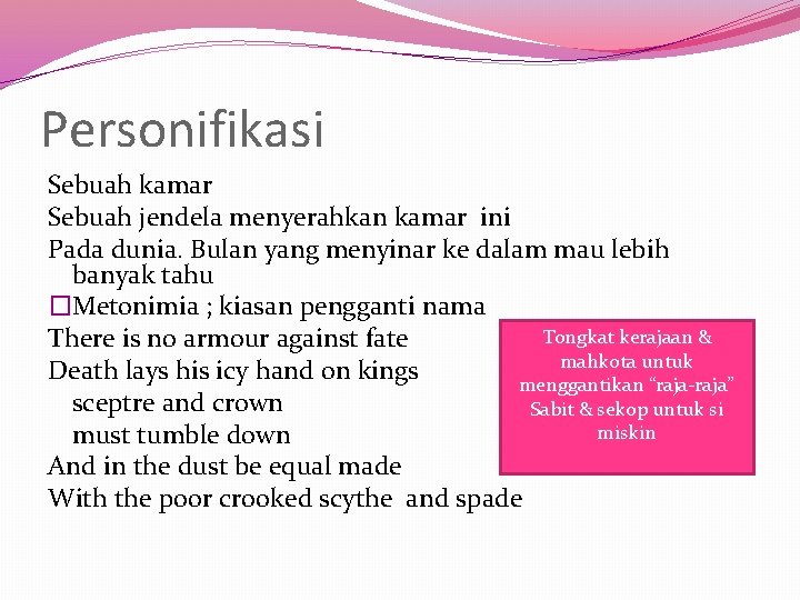 Personifikasi Sebuah kamar Sebuah jendela menyerahkan kamar ini Pada dunia. Bulan yang menyinar ke