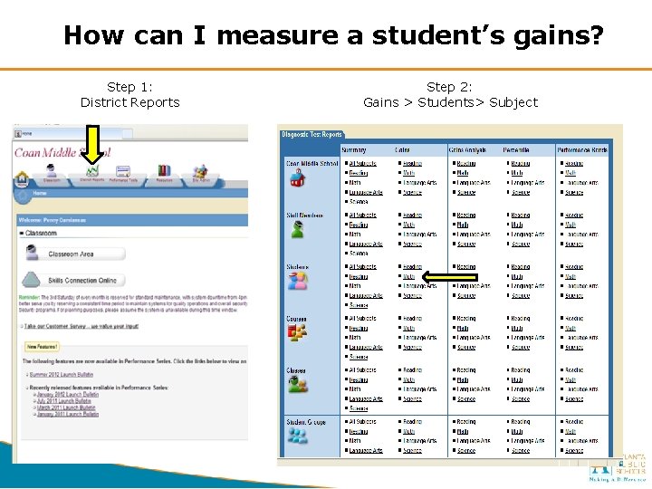 How can I measure a student’s gains? Step 1: District Reports Step 2: Gains