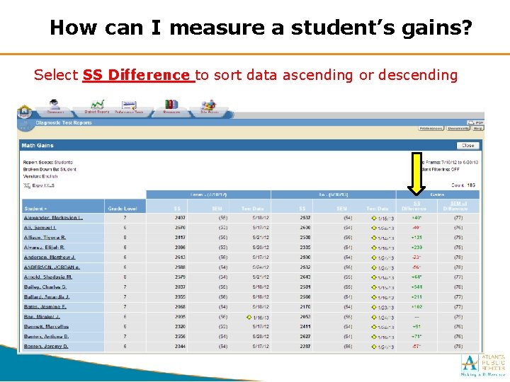 How can I measure a student’s gains? Select SS Difference to sort data ascending