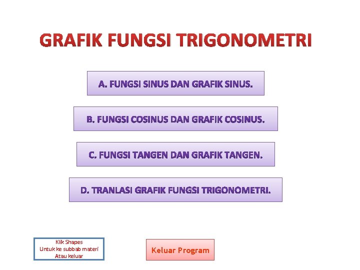 GRAFIK FUNGSI TRIGONOMETRI Klik Shapes Untuk ke subbab materi Atau keluar Keluar Program 