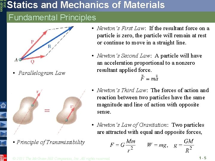 First Edition Statics and Mechanics of Materials Fundamental Principles • Newton’s First Law: If