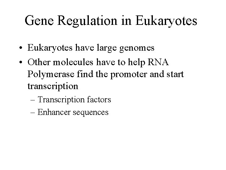 Gene Regulation in Eukaryotes • Eukaryotes have large genomes • Other molecules have to