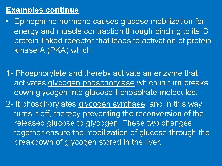 Examples continue • Epinephrine hormone causes glucose mobilization for energy and muscle contraction through
