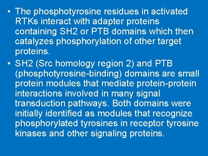 • The phosphotyrosine residues in activated RTKs interact with adapter proteins containing SH