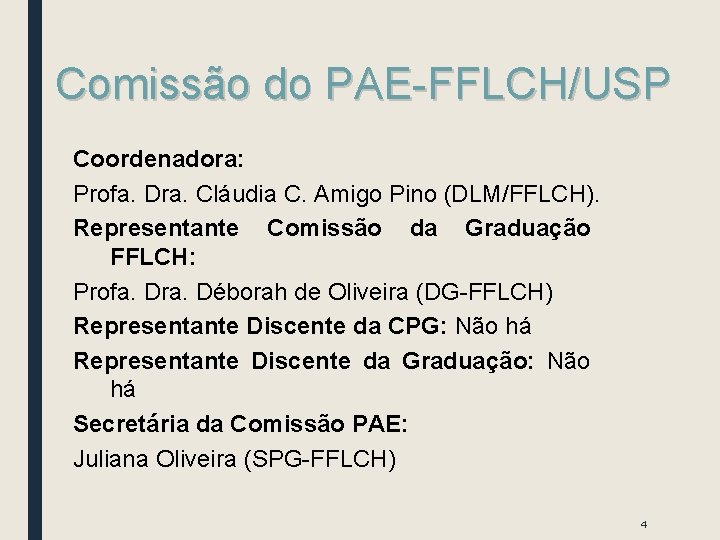 Comissão do PAE-FFLCH/USP Coordenadora: Profa. Dra. Cláudia C. Amigo Pino (DLM/FFLCH). Representante Comissão da