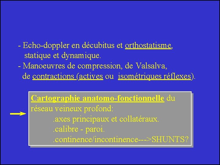 - Echo-doppler en décubitus et orthostatisme, statique et dynamique. - Manoeuvres de compression, de