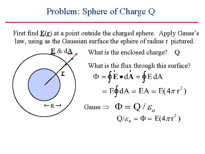 Problem: Sphere of Charge Q First find E(r) at a point outside the charged Problem: Sphere of Charge Q First find E(r) at a point outside the charged