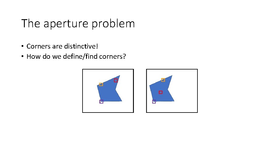 The aperture problem • Corners are distinctive! • How do we define/find corners? 