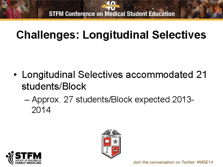 Challenges: Longitudinal Selectives • Longitudinal Selectives accommodated 21 students/Block – Approx. 27 students/Block expected