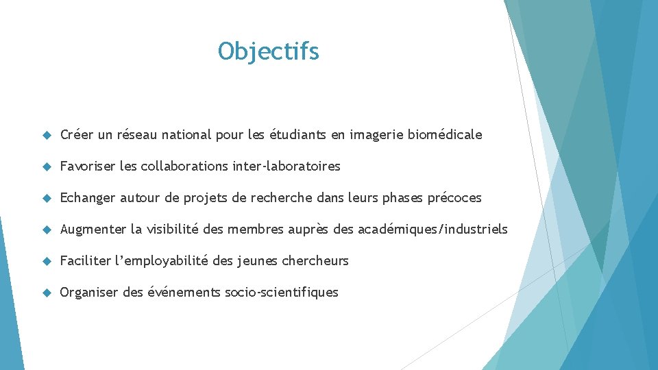 Objectifs Créer un réseau national pour les étudiants en imagerie biomédicale Favoriser les collaborations