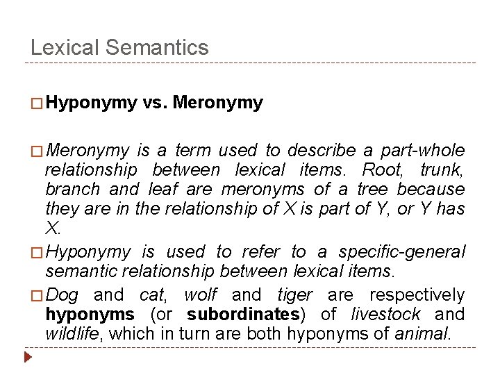 Lexical Semantics � Hyponymy � Meronymy vs. Meronymy is a term used to describe