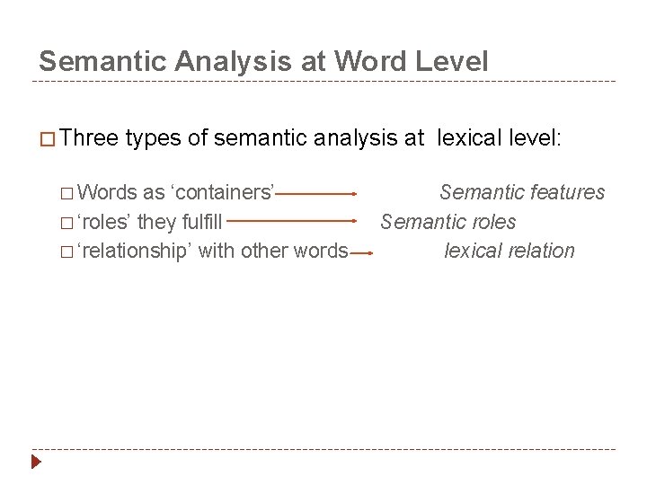 Semantic Analysis at Word Level � Three types of semantic analysis at lexical level: