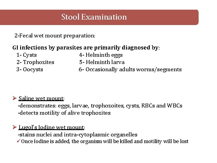 Stool Examination 2 -Fecal wet mount preparation: GI infections by parasites are primarily diagnosed