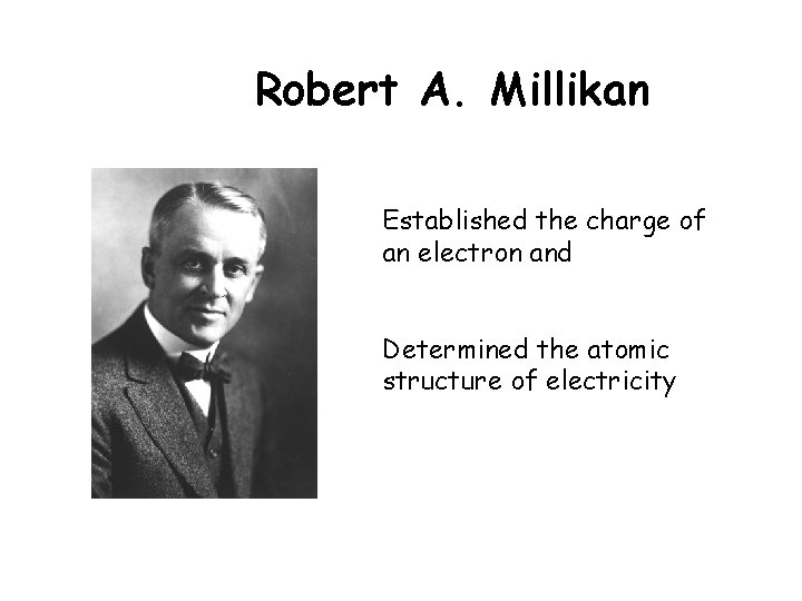 Robert A. Millikan Established the charge of an electron and Determined the atomic structure Robert A. Millikan Established the charge of an electron and Determined the atomic structure