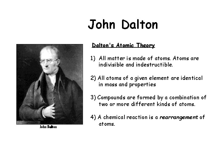 John Dalton's Atomic Theory 1) All matter is made of atoms. Atoms are indivisible John Dalton's Atomic Theory 1) All matter is made of atoms. Atoms are indivisible