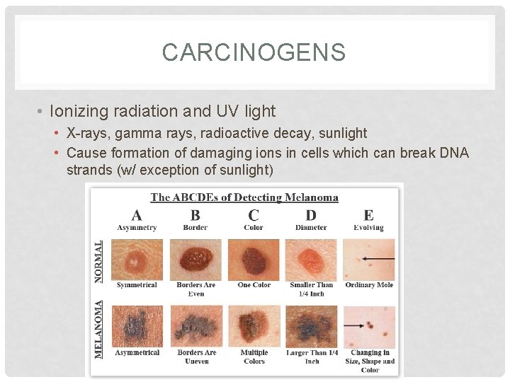 CARCINOGENS • Ionizing radiation and UV light • X-rays, gamma rays, radioactive decay, sunlight