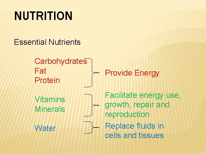 NUTRITION Essential Nutrients Carbohydrates Fat Protein Vitamins Minerals Water Provide Energy Facilitate energy use,