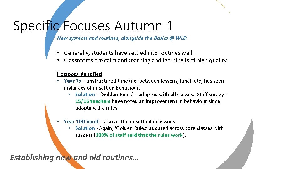 Specific Focuses Autumn 1 New systems and routines, alongside the Basics @ WLD •