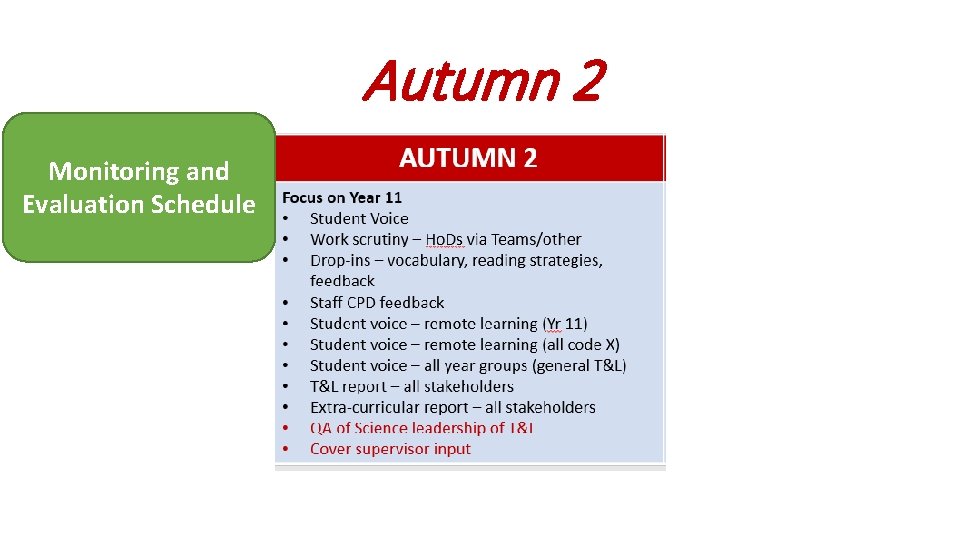 Autumn 2 Monitoring and Evaluation Schedule 