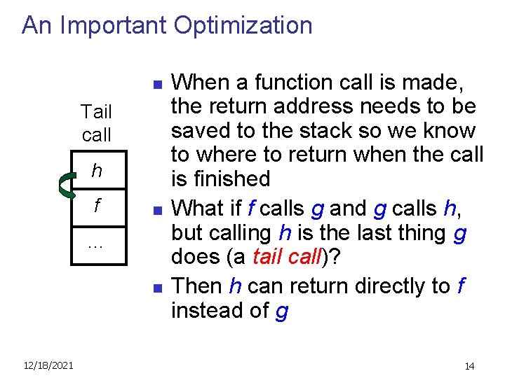 An Important Optimization n Tail call h f n … n 12/18/2021 When a