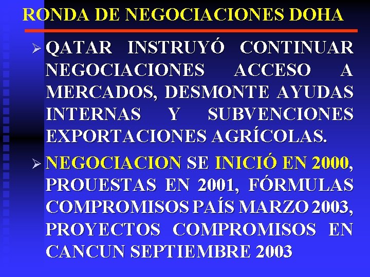 RONDA DE NEGOCIACIONES DOHA Ø QATAR INSTRUYÓ CONTINUAR NEGOCIACIONES ACCESO A MERCADOS, DESMONTE AYUDAS