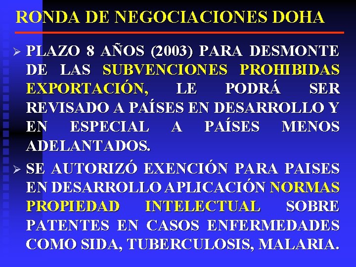 RONDA DE NEGOCIACIONES DOHA Ø PLAZO 8 AÑOS (2003) PARA DESMONTE DE LAS SUBVENCIONES