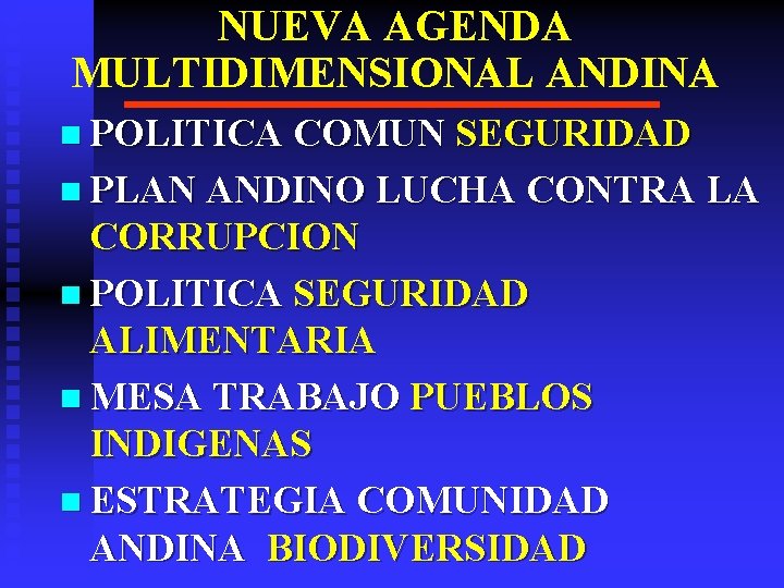 NUEVA AGENDA MULTIDIMENSIONAL ANDINA n POLITICA COMUN SEGURIDAD n PLAN ANDINO LUCHA CONTRA LA