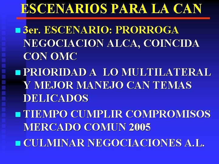 ESCENARIOS PARA LA CAN n 3 er. ESCENARIO: PRORROGA NEGOCIACION ALCA, COINCIDA CON OMC