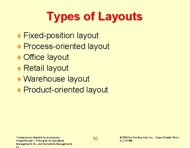 Types of Layouts ¨ Fixed-position layout ¨ Process-oriented layout ¨ Office layout ¨ Retail Types of Layouts ¨ Fixed-position layout ¨ Process-oriented layout ¨ Office layout ¨ Retail