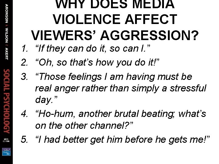 WHY DOES MEDIA VIOLENCE AFFECT VIEWERS’ AGGRESSION? 1. “If they can do it, so