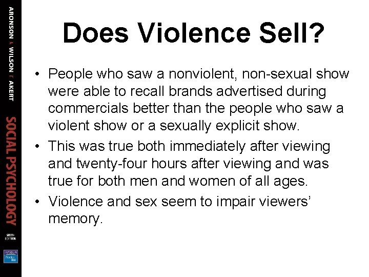 Does Violence Sell? • People who saw a nonviolent, non-sexual show were able to