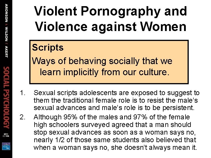 Violent Pornography and Violence against Women Scripts Ways of behaving socially that we learn