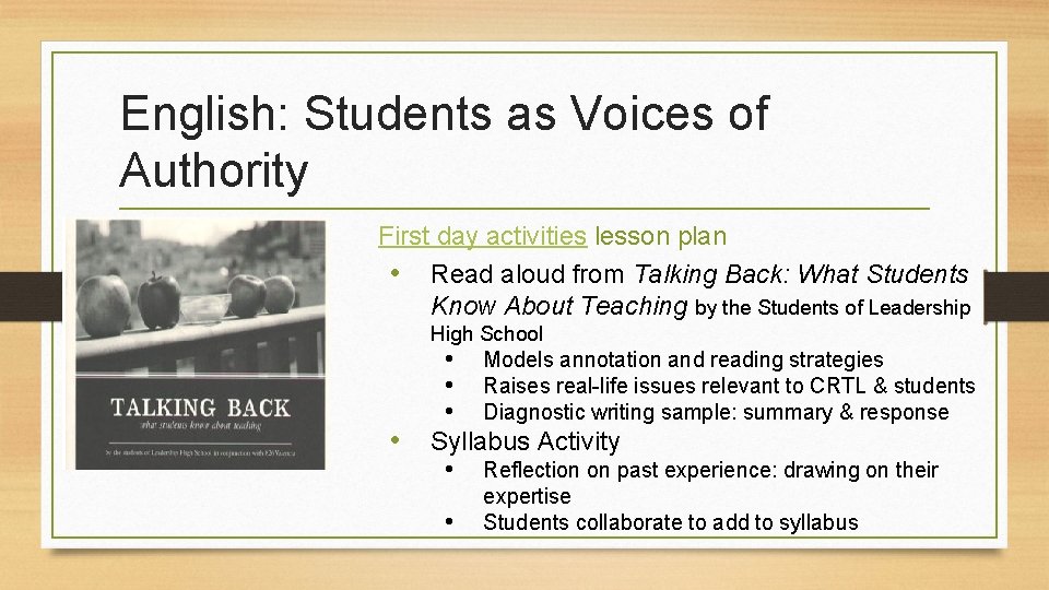 English: Students as Voices of Authority First day activities lesson plan • Read aloud