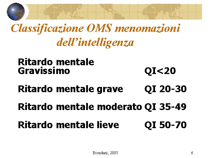Classificazione OMS menomazioni dell’intelligenza Ritardo mentale Gravissimo QI<20 Ritardo mentale grave QI 20 -30