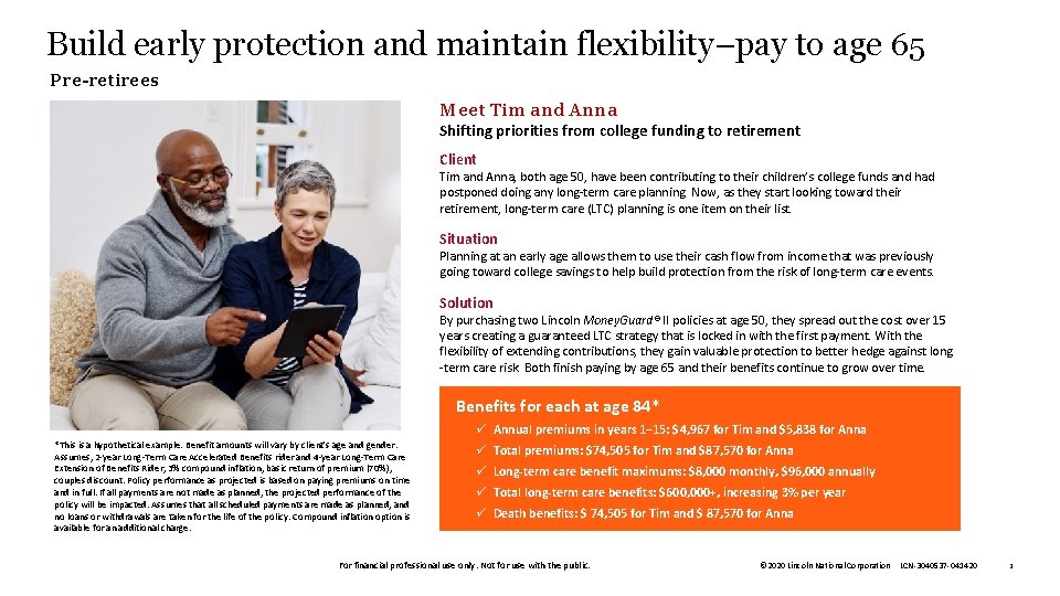 Build early protection and maintain flexibility–pay to age 65 Pre-retirees Meet Tim and Anna