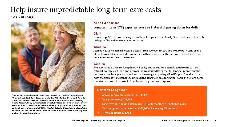 Help insure unpredictable long-term care costs Cash strong Meet Jeanine Long-term care (LTC) expense