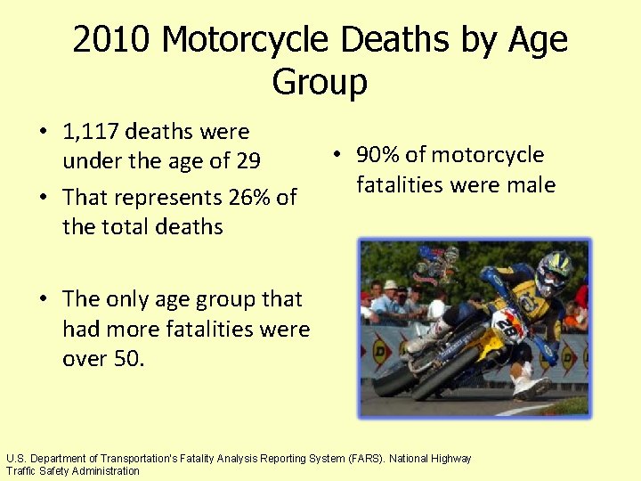 2010 Motorcycle Deaths by Age Group • 1, 117 deaths were under the age