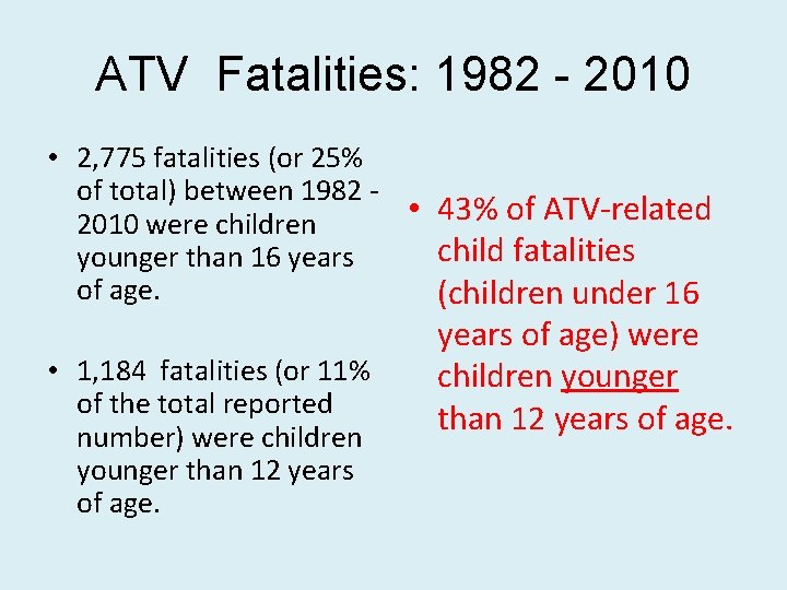 ATV Fatalities: 1982 - 2010 • 2, 775 fatalities (or 25% of total) between