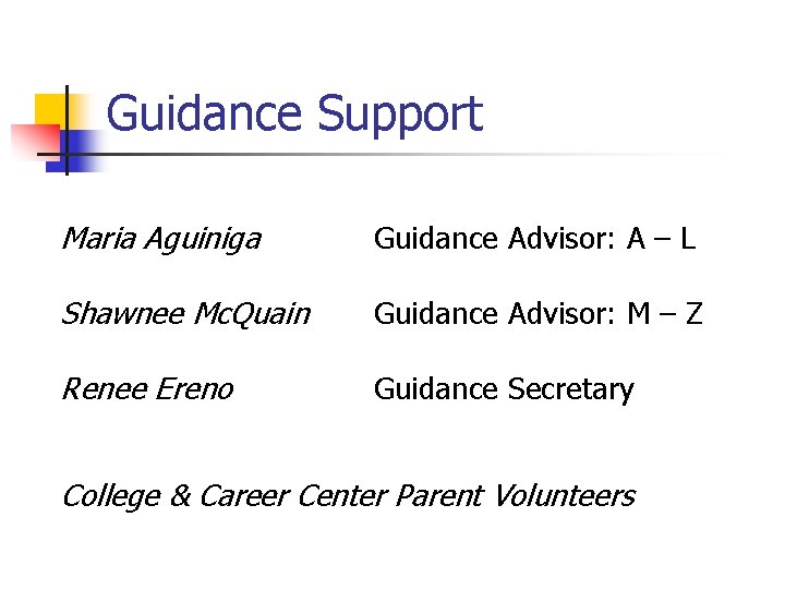 Guidance Support Maria Aguiniga Guidance Advisor: A – L Shawnee Mc. Quain Guidance Advisor: