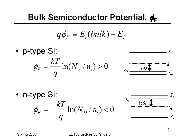 Bulk Semiconductor Potential, f. F • p-type Si: Ec EF • n-type Si: EF