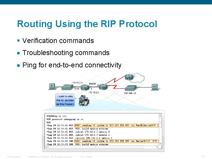 Routing Using the RIP Protocol § Verification commands Troubleshooting commands Ping for end-to-end connectivity